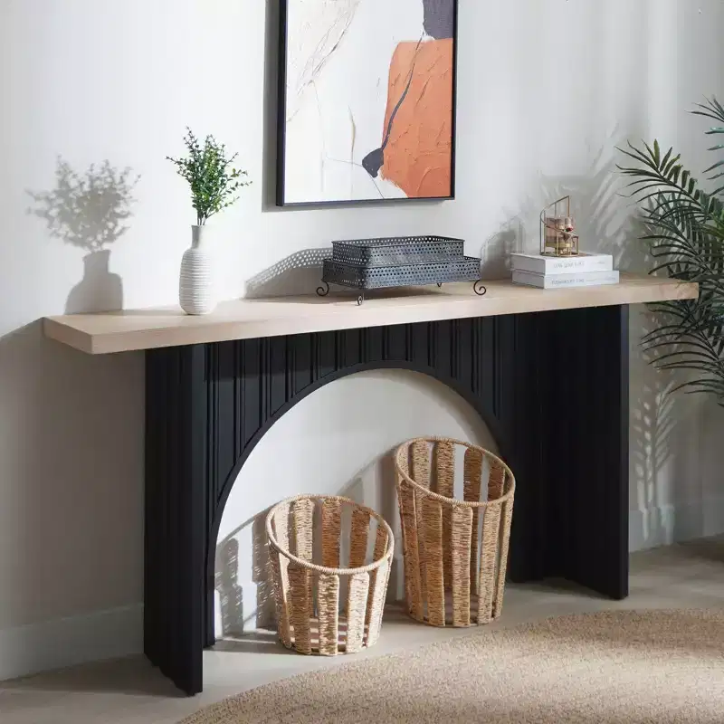 Okak 66IN Minimalist Console Table with Wooden Tabletop, Modern Entry Table with Arch Base, Accent Table for Entryway, Living Room, Black+Natural