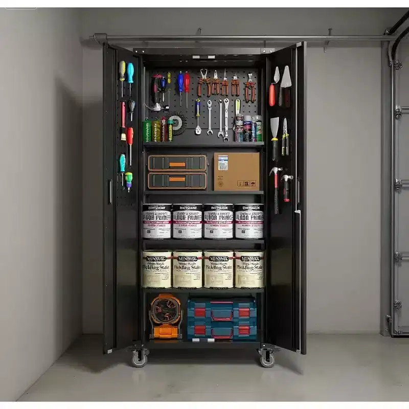 Metal Garage Storage Cabinet with Pegboard, 72 Lockable Storage with Adjustable Shelves and Wheels