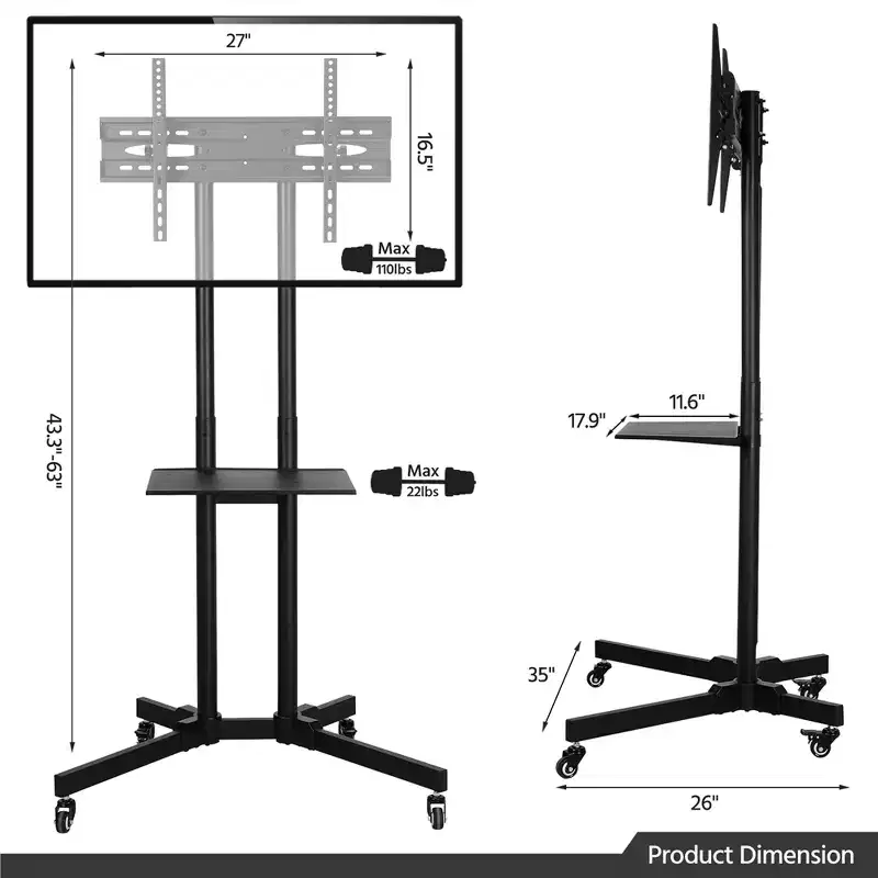 Yaheetech Adjustable Modern Mobile TV Stand TV Cart Black