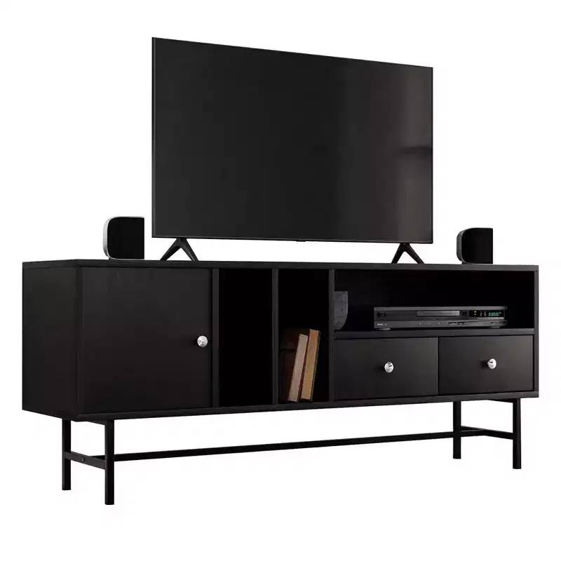 Rochester TV Stand with Wood Frame, Enclosed Storage & Black Iron Legs, Modern Entertainment Center