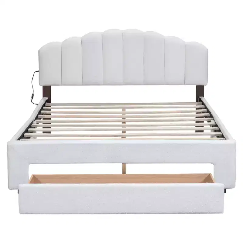 Upholstered Platform Bed, Teddy Fleece Wood Bed Frame with Drawer and USB Ports, for Bedroom, Easy Assembly, White