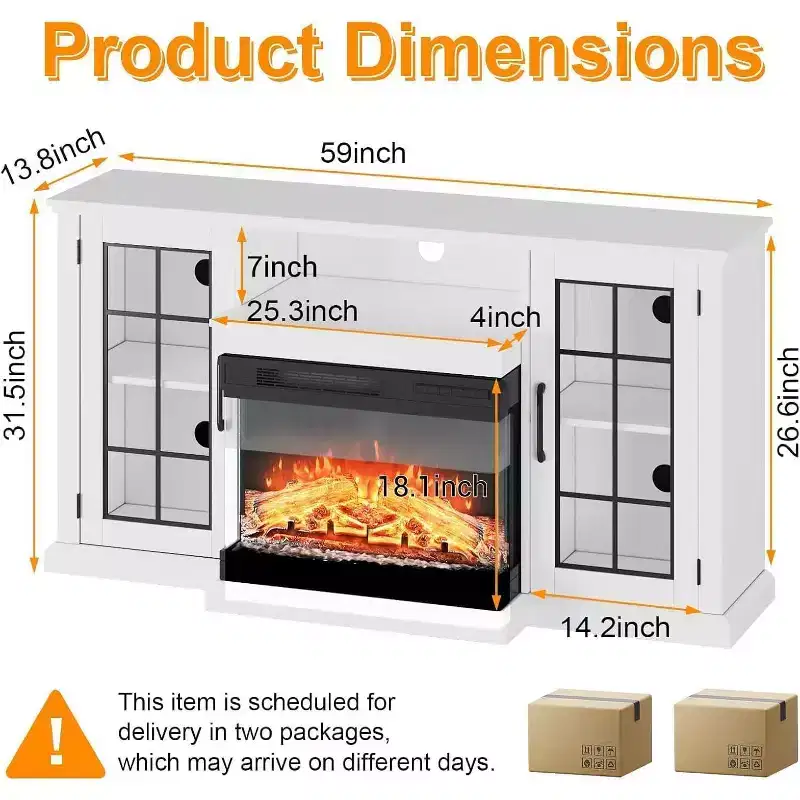 Fireplace TV Stand, 59'' TV Stand with Fireplace, Electric Fireplace Heater, Entertainment Center with Frame and LED Light Colors, TV Console Cabinet