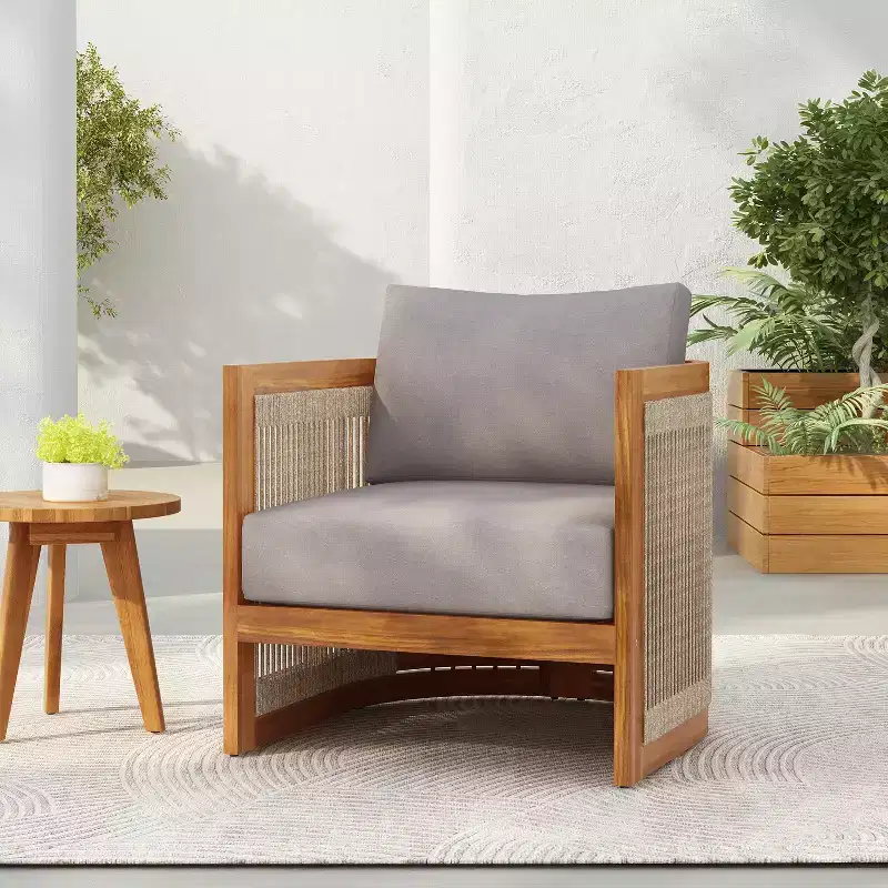 Premium Acacia Wood Outdoor Club Chair with Curved Tub Design and Woven Rope, for Garden