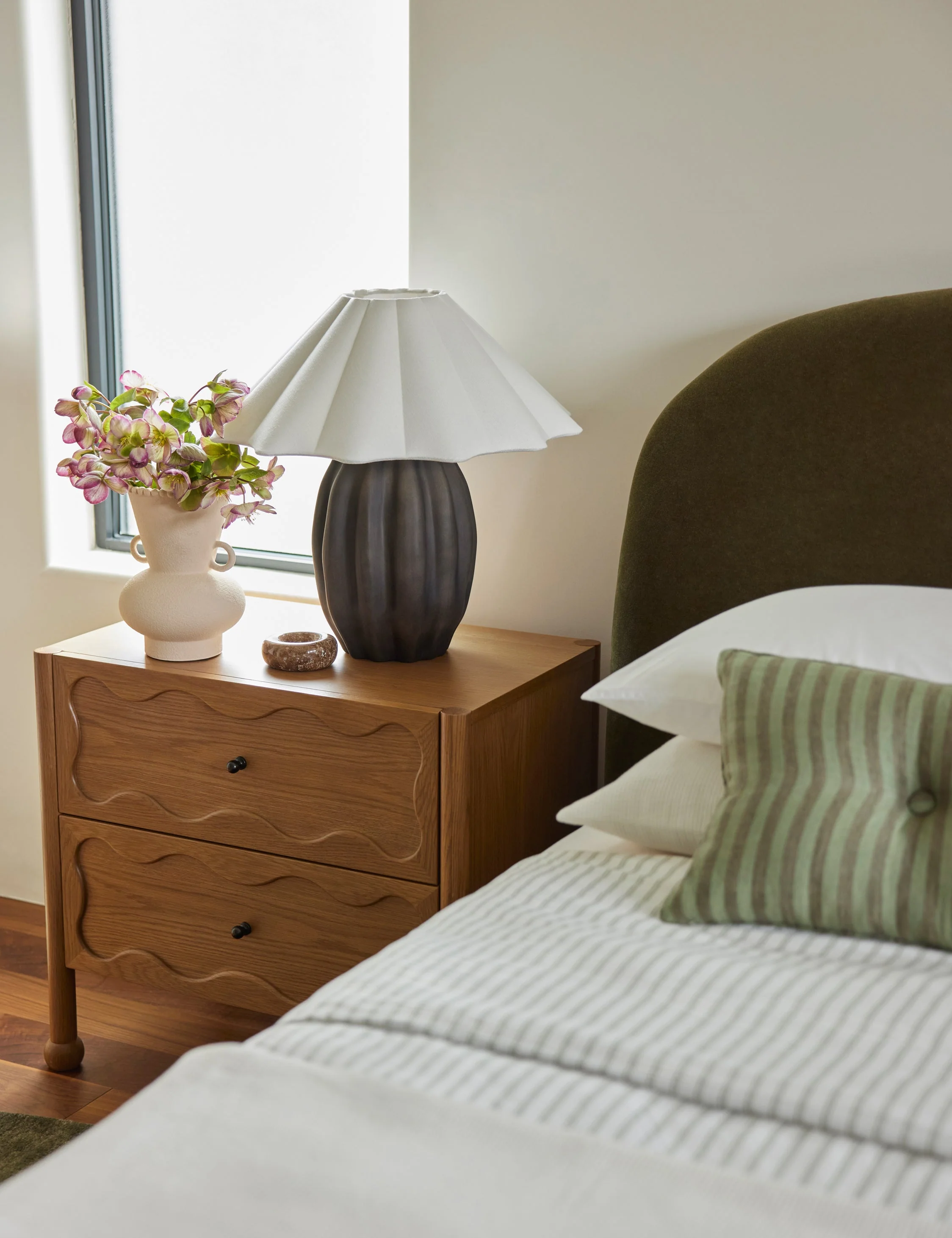 Nightstand Modern, Storage The nightstand offers modern bedside storage with a timeless touch. The nightstand features two drawers for all your