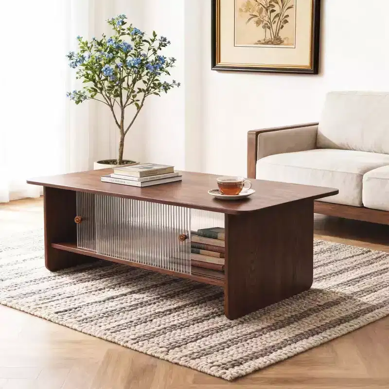 Modern Rectangular Coffee Table with Fluted Glass Sliding Door and Storage