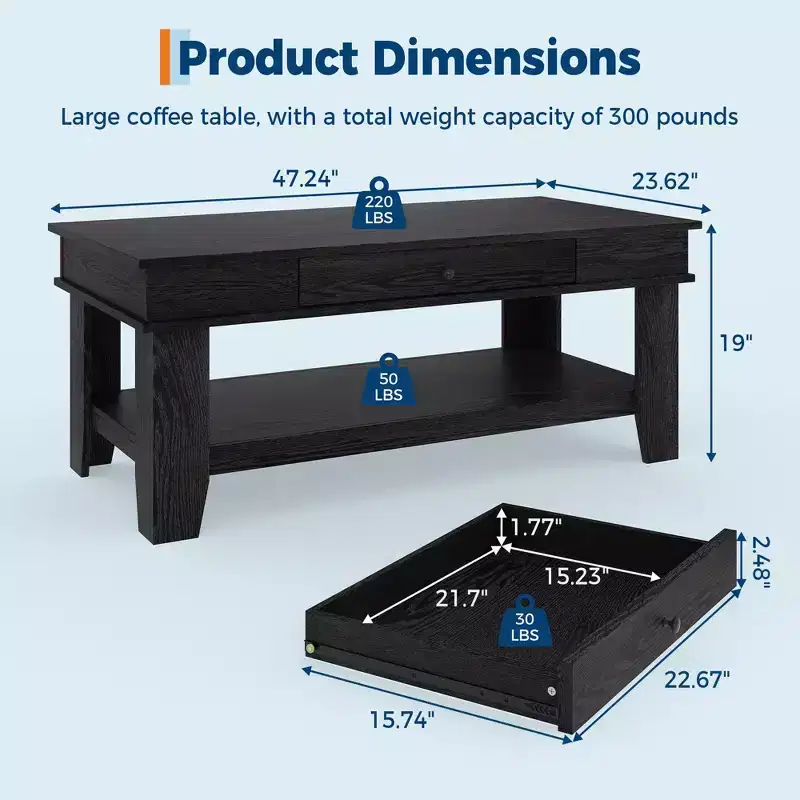 47.2 Rustic Farmhouse Coffee Table  300 Lb Capacity, with Drawer & Storage Shelf  Perfect for Living Room (1-Pack)