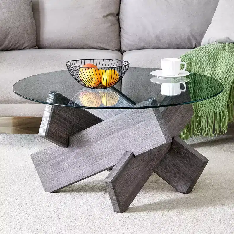 Okak Modern Circular Glass Coffee Table, Small Distinctive Design Tea Table Wood Legs for Living Room Reception Office Farmhouses