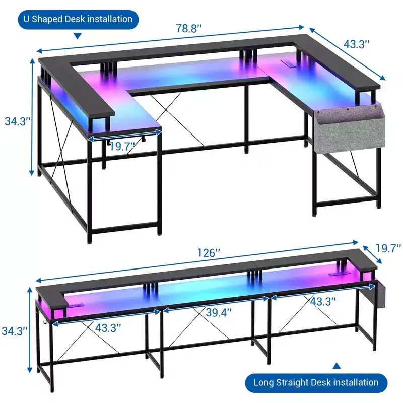 U-shaped computer desk, reversible L-shaped console table with sockets, light strip and monitor stand, storage function, suitable for home office