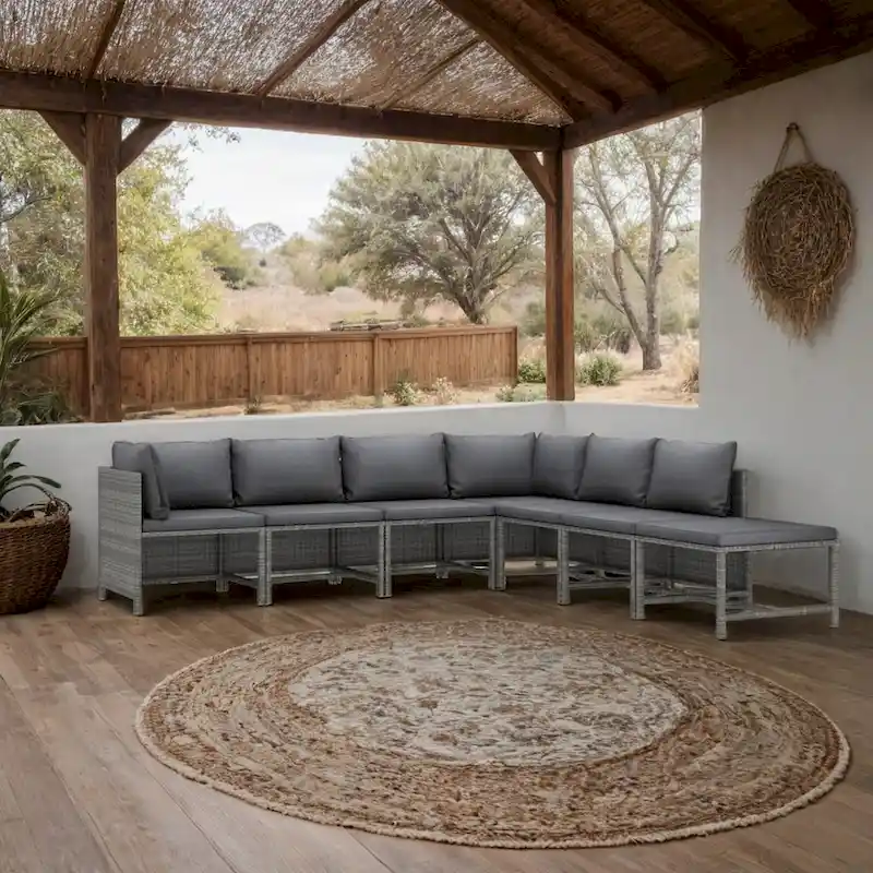 Avio 7pc Outdoor Modular Sofa Set with Ottoman, Dark Gray Poly Rattan