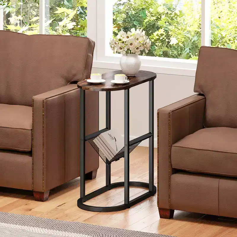 End Table with Faux Marble Tabletop & Magazine Holder Heavy-duty Metal Frame Brown/White