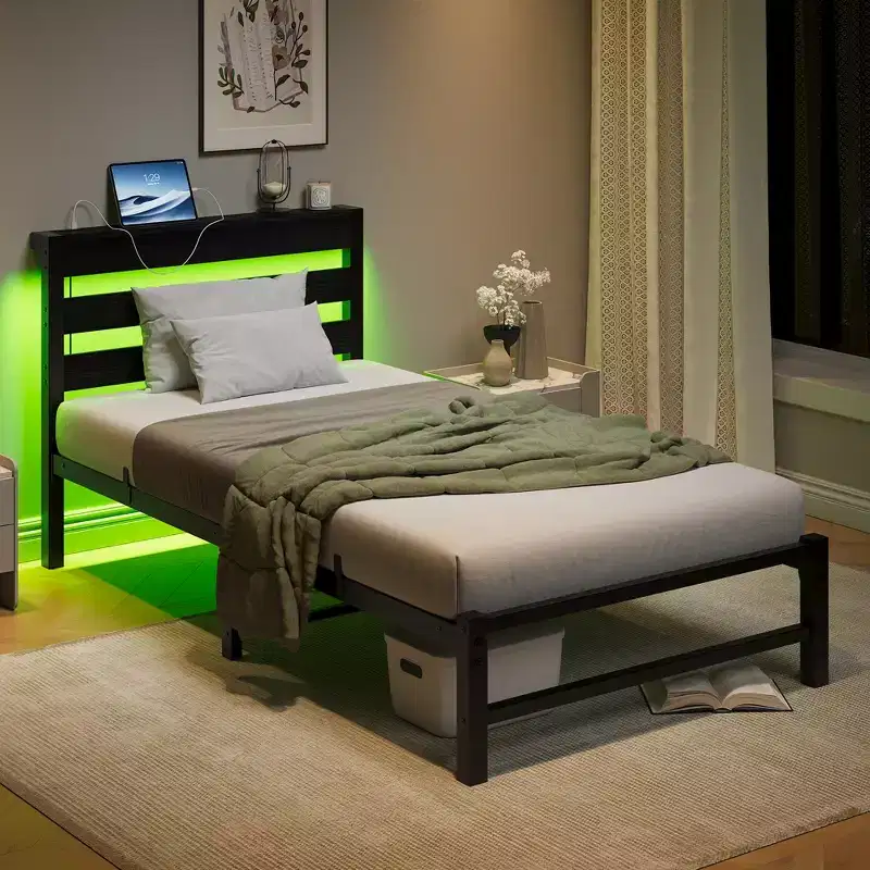 CLIHOME Black Bed Frame Heavy Duty Platform LED Bed Frame with Headboard & USB Charging Station