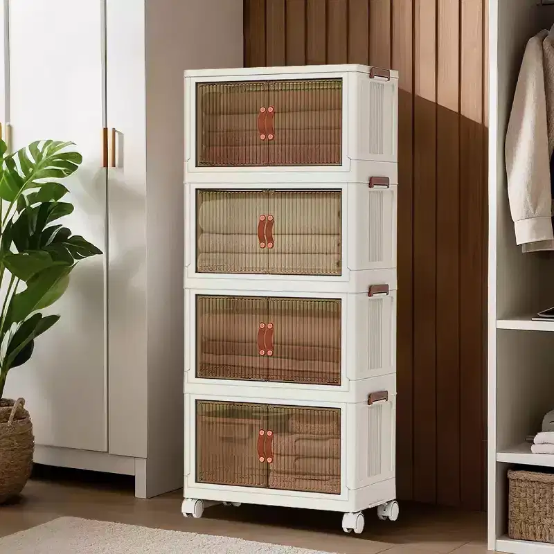 Stackable 4-Layer Storage Boxes, Plastic Storage Cabinet Capacity, with Door and Wheels for Storing Food
