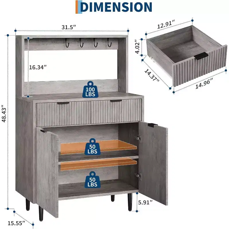 Fluted Sideboard Cabinet - Modern Storage Buffet with 2 Drawers & Adjustable Shelves