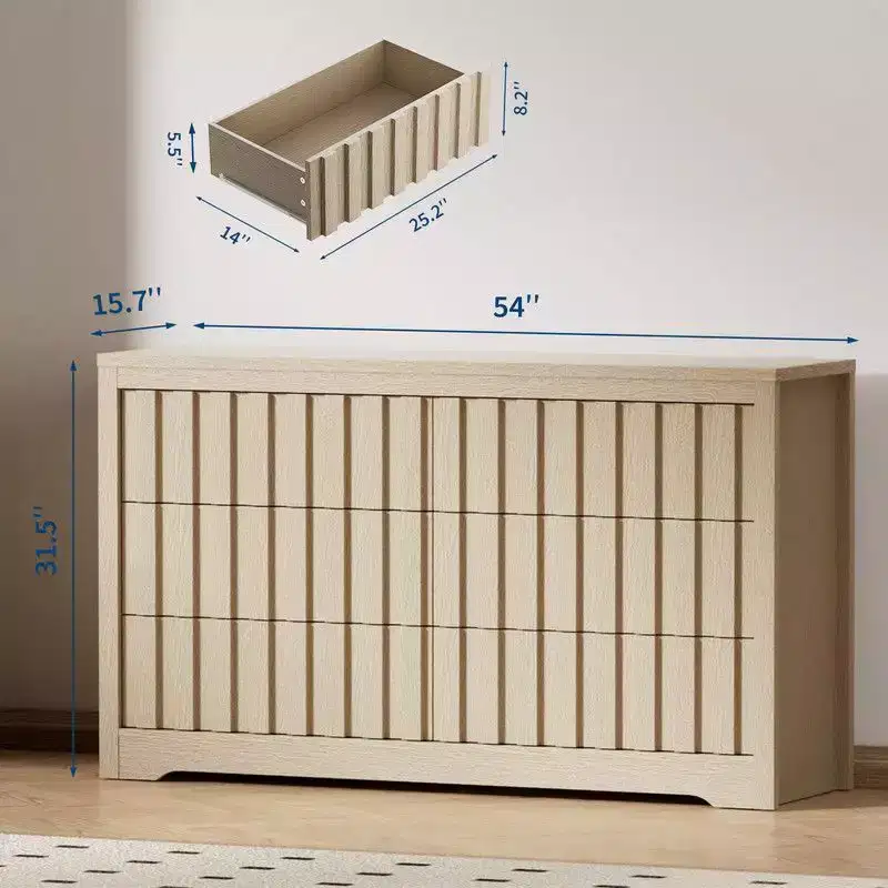 Fluted Dresser for Bedroom with 6 Drawers, 54 Wide Modern Chest of Drawers with Curved Profile, Natural Oak Drawer Organizer