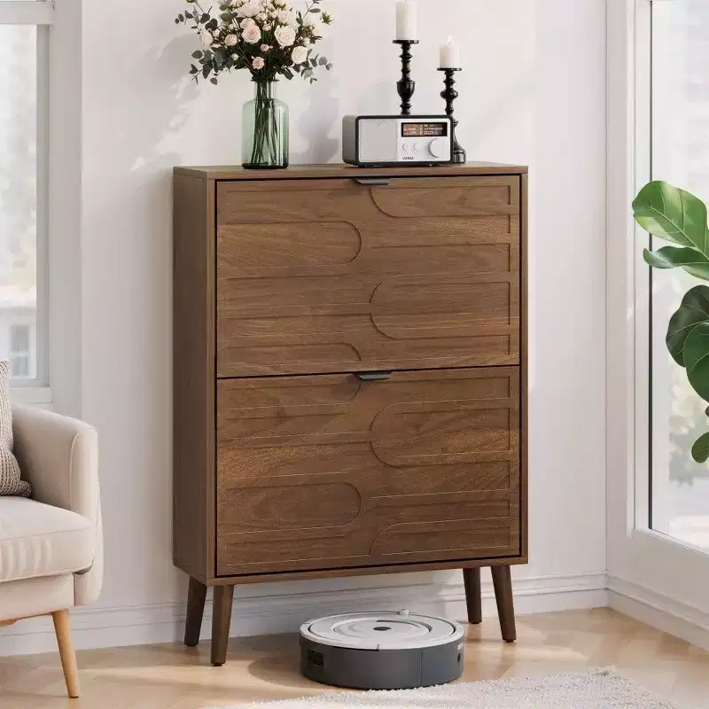Walnut Shoe Storage Cabinet, Farmhouse Modern Flip-Drawer Shoe Rack with Adjustable Shelves & Anti-Tip Device, 31.5''/23.62''