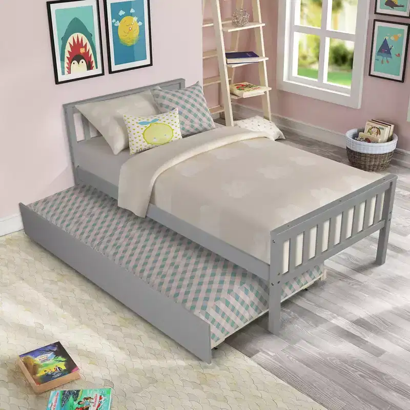 MAYEERTY Twin Platform Bed with Trundle with Headboard Footboard Gray for Bedroom