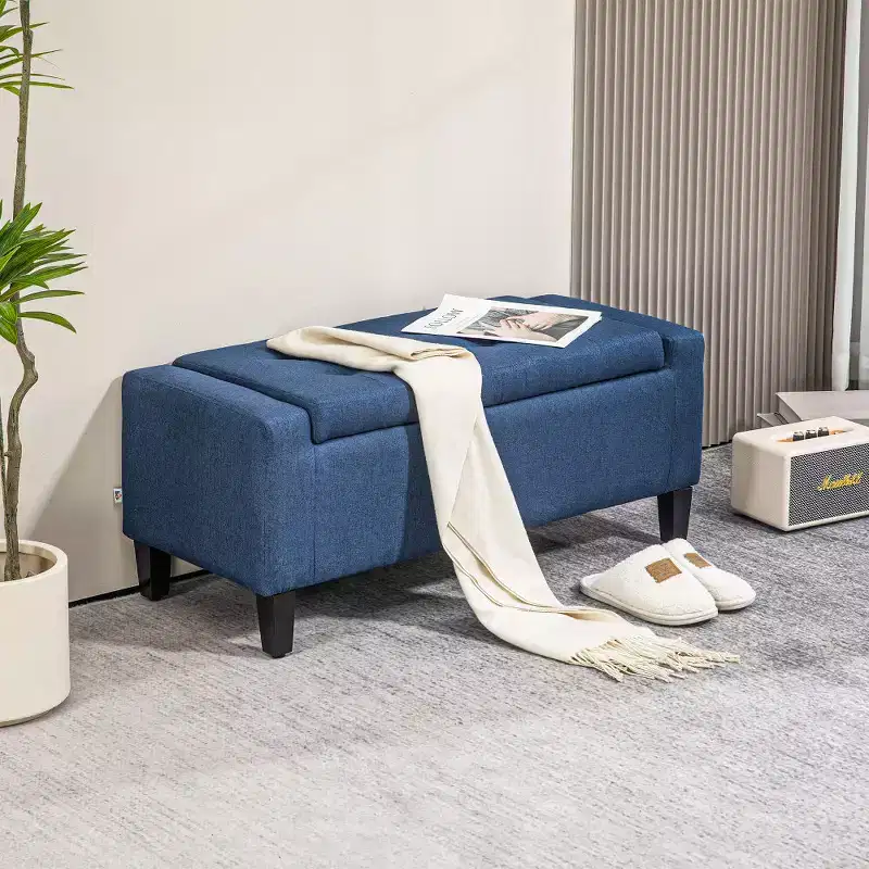 Linen Tufted Lift-Top Storage Ottoman Bench for Living Room or Bedroom, Dark Blue