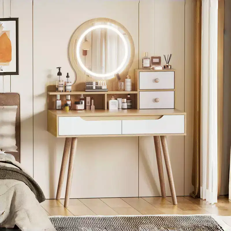 Vanity Dressing Table with 3 Height-Adjustable Lighted Mirrors, 4 Drawers and 3 Open Shelves