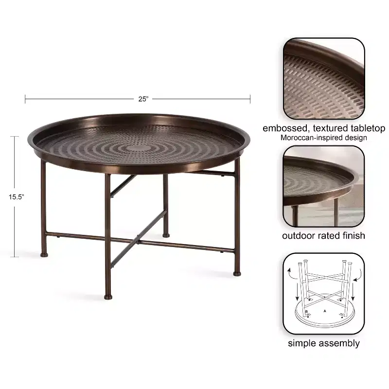 Round Outdoor Metal Coffee Table, 25x25x16, Bronze