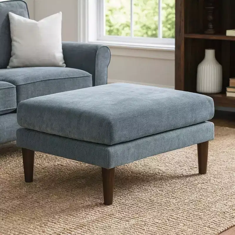 Royal Hampton 32 Inch Modular Ottoman, Box Cushion Seat, Wood Legs, Slate Blue Fabric