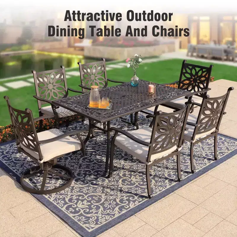 Captiva Designs 7PC Cast Aluminum Patio Dining Set with Rectangle Table & Flower Back Chairs