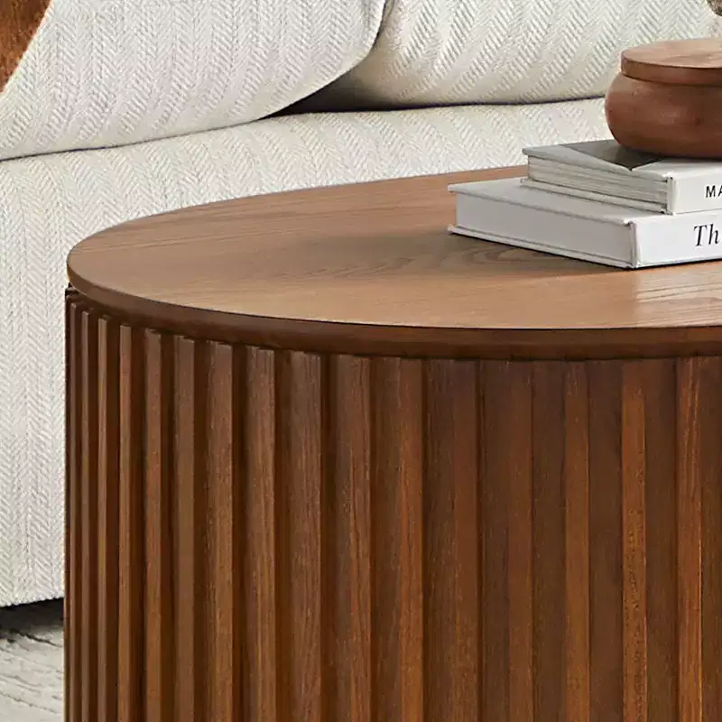 GDFStudio Manuel Modern Wooden Oval Pedestal Coffee Table with Drawer and Handcrafted Relief