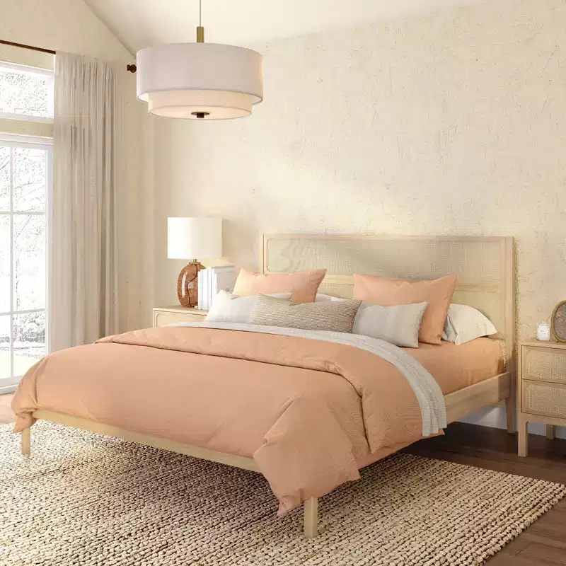 Rattan King Bed Frame with Headboard, Solid Pine Wood, No Box Spring Needed, 84L x 79W