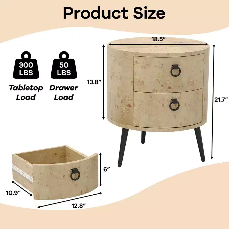 Round Side Table with Drawers Modern Night Stand with Storage Wooden Accent End Table Circle Bedside Table with Metal Legs for Living Room