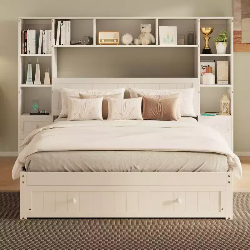 Full Size Pine Wood Platform Bed with Nightstands and Bookcase Cabinet