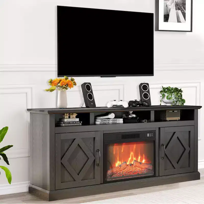 67-inch Fireplace TV Console with 23-inch Electric Fireplace, 3D Flame Effect, Adjustable Brightness, Remote Control, Open Shelving and Storage Space
