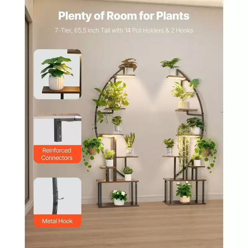 VIYET 2-Pack 65.5 Tall 7-Tier Half-Moon Metal Plant Stand, Indoor with Grow Lights, 3 Timer &10 Brightness