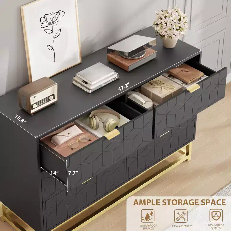 Dresser for Bedroom, 6-Drawer Wide Storage Wood Dresser with Metal Legs, Modern Chest Organizer