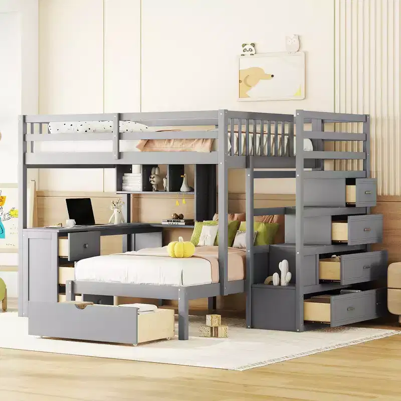 Full Over Twin Bunk Bed with Built-in Desk, Shelves, Multiple Drawers and Storage Staircase