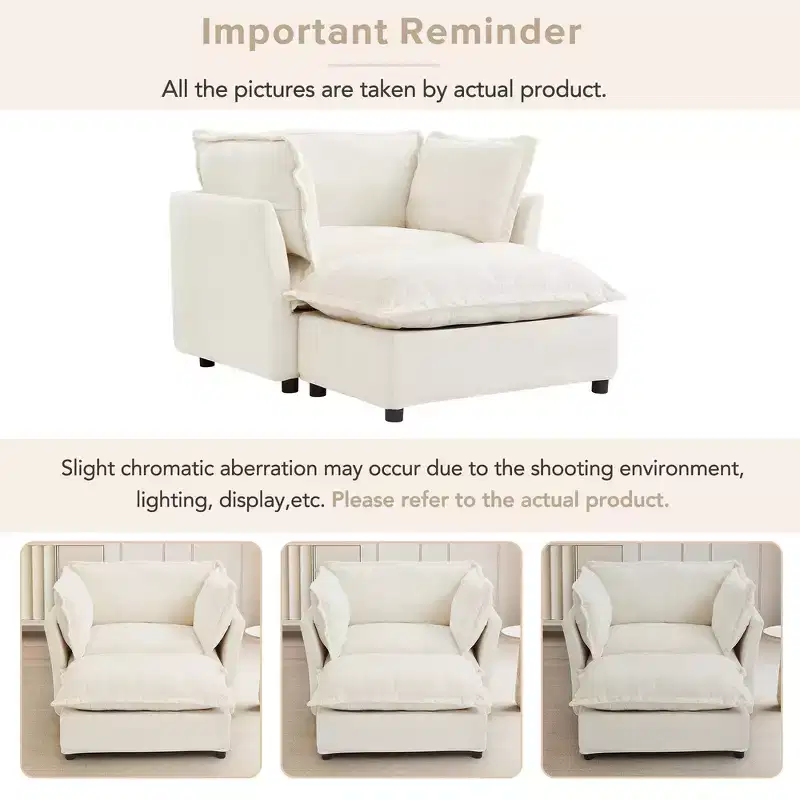 Chenille Armchair with Movable Ottoman, Wide Seat & Curved Armrests
