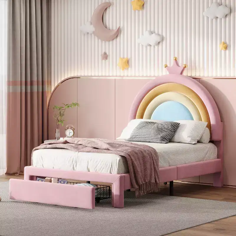 Twin Upholstered Rainbow Princess Bed with Storage Drawer, Velvet Platform Bed, Colorful and Pink