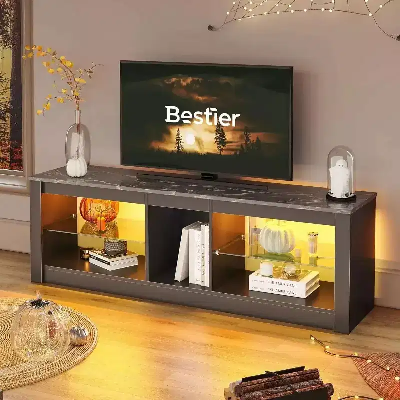 Particle Board TV Stand with Glass Shelves 18.5''H x 55.12''W x 13.78''D