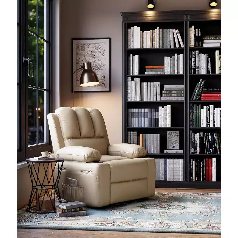 Manual PU Leather Recliner Chair - 26.8 Ergonomic Design with Cup Holders & Storage, for Home Theater, Living Room