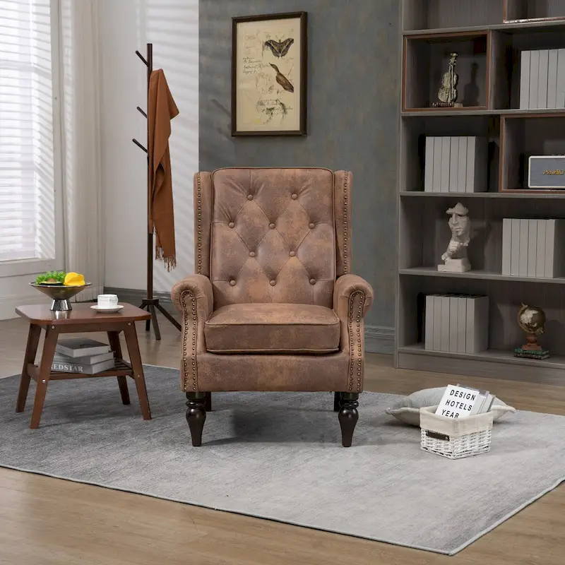 Upholstered PU Leather Accent Chair,Mid Century Button Tufted High Back Arm Chair with Armrest and Solid Wood Legs