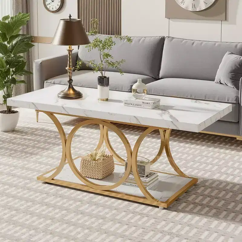2-Tier Modern Coffee Table – White Faux Marble Top & Gold Metal Legs, 47