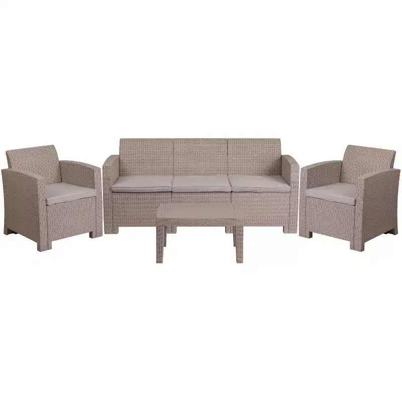 Flash Furniture 4 Piece Outdoor Faux Rattan Chair, Sofa and Table Set