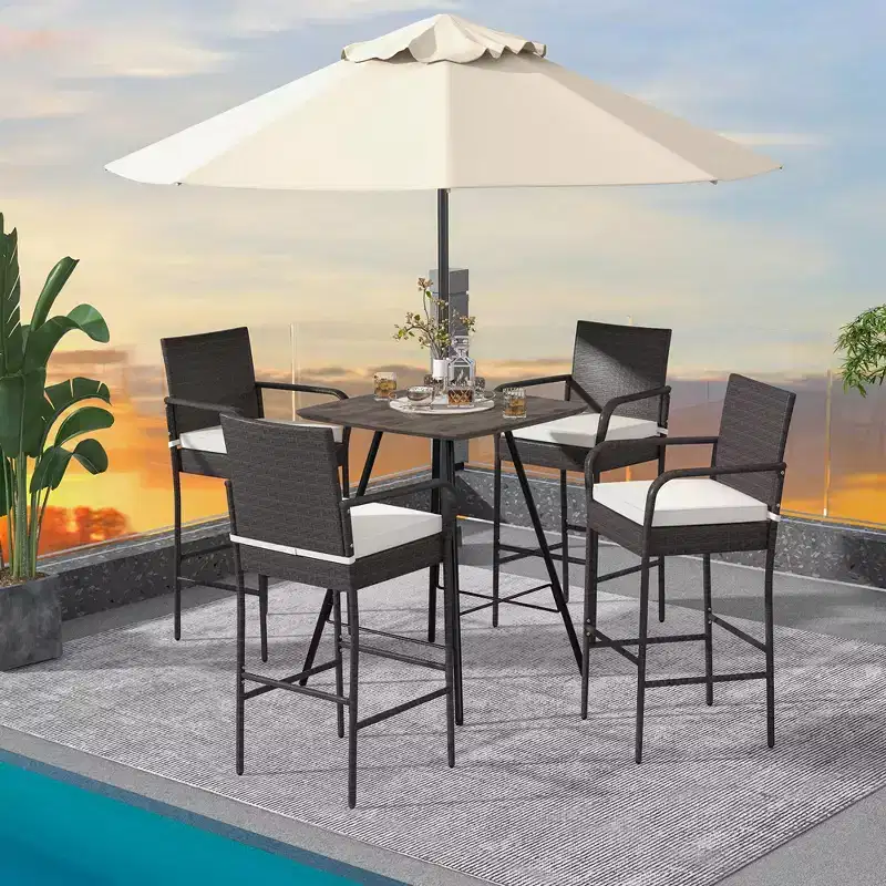 Costway 2PCS Patio PE Wicker Bar Chairs Counter HeightBarstools with Armrests &Cushions