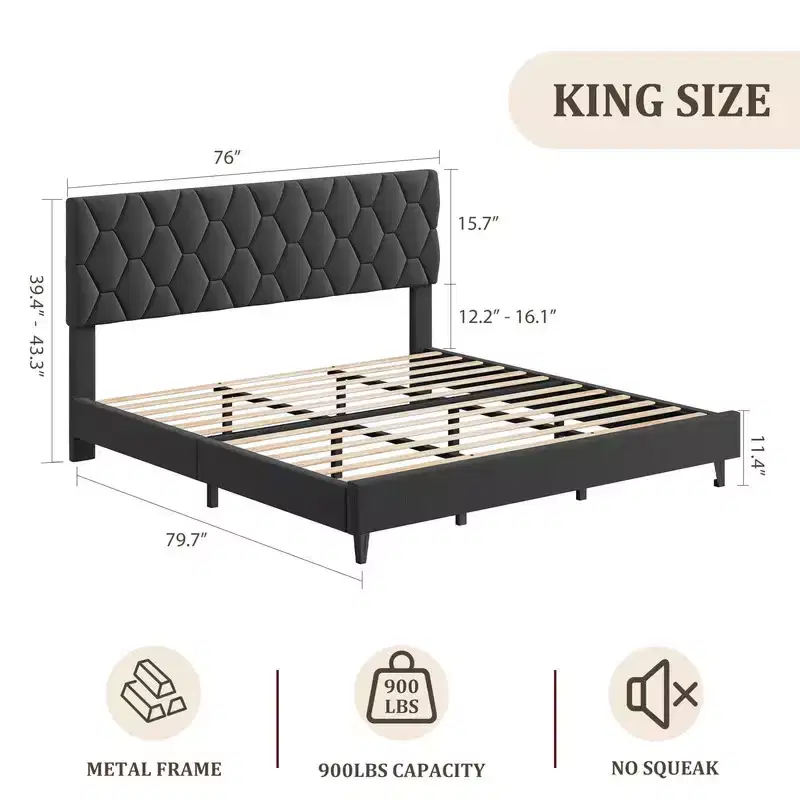 Coolmee Adjustable Upholstered Headboard Platform Bed, Modern Bed Frame with Wooden Slats & Triangular Feet, Easy to Assemble