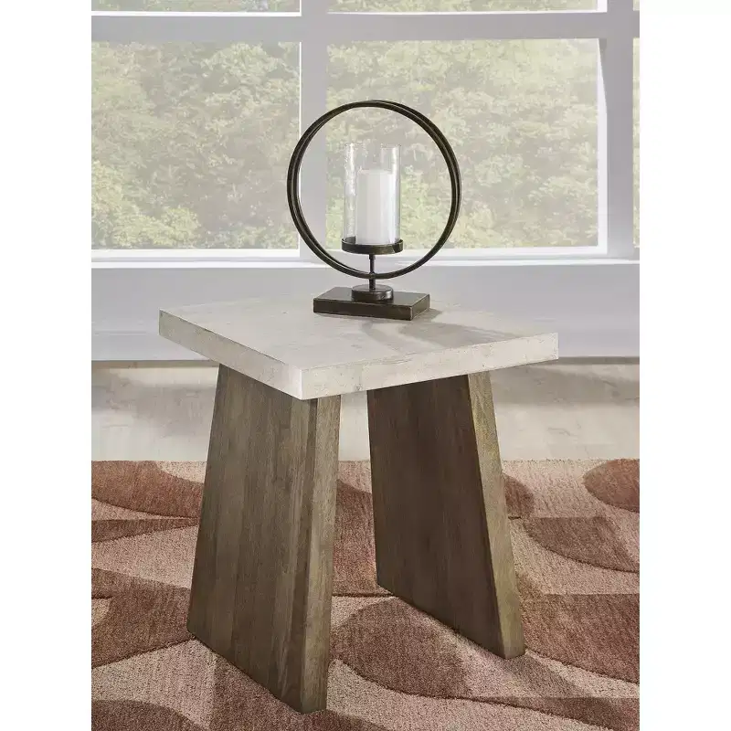 Signature Design by Ashley Brendalhouse Contemporary Square End Table - Faux Cement Top with Mango Wood Base, Light Brown