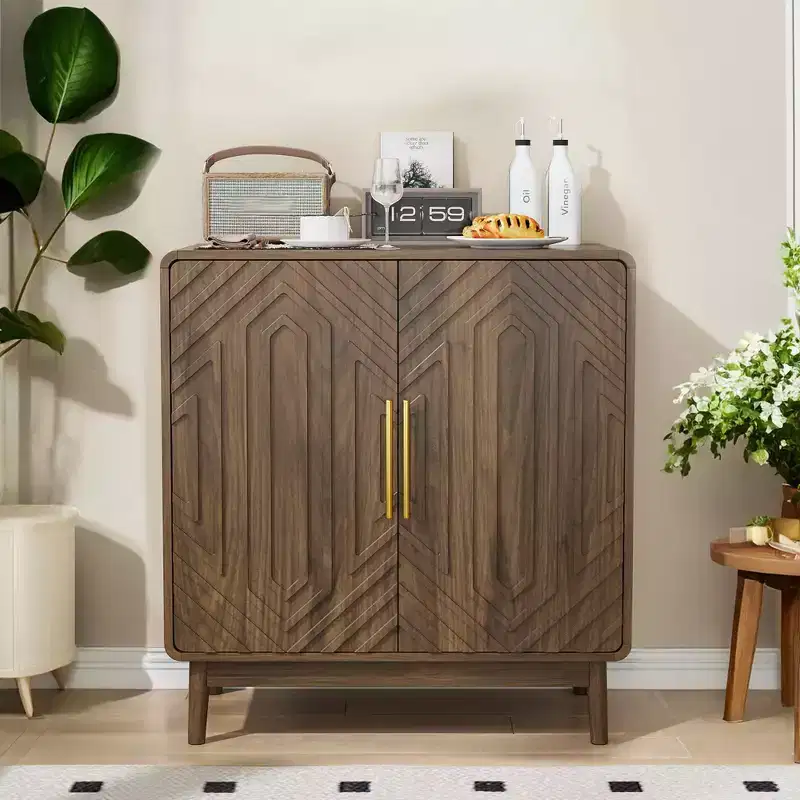 Sideboard Buffet Cabinet with Carved 2 Doors – Walnut, Adjustable Shelf