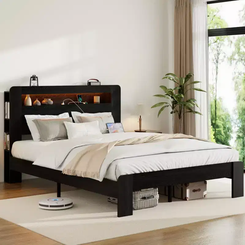 Full/Queen/King Size Bed Frame, Wood Platform with LED Light Headboard and 2 USB ,Noise Free,No Box Spring Needed,Large Under Bed Storage,Dark Black