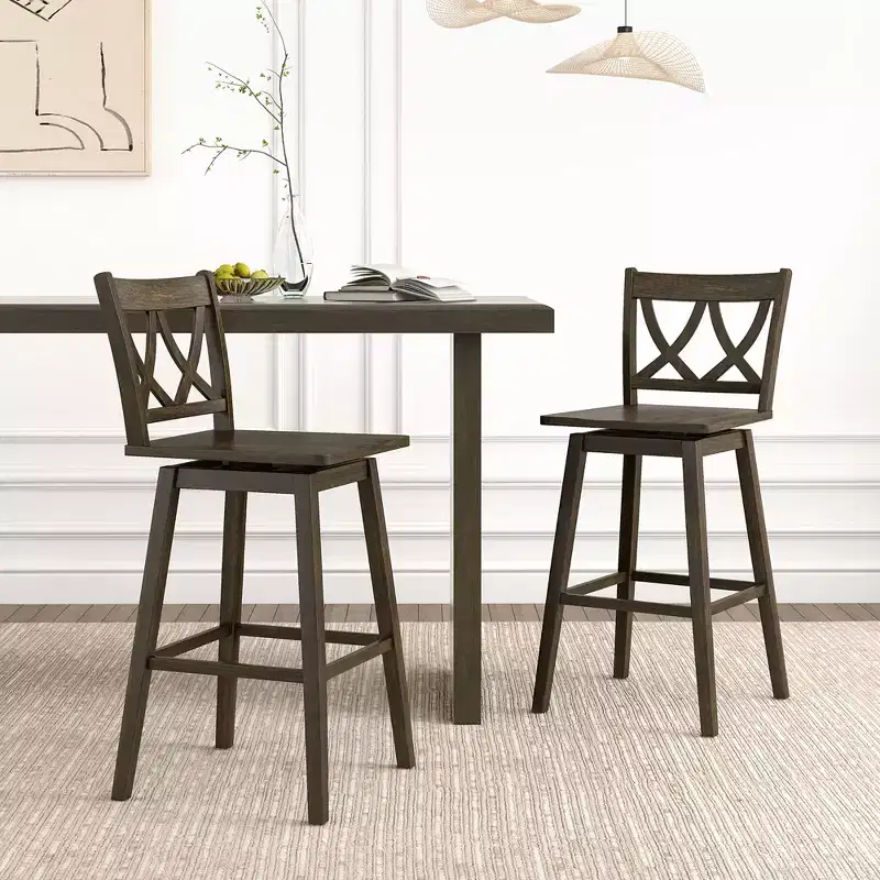 Costway 29 Bar Stool Set of 2 w/Rubber Wood Frame Swivel Seat Ergonomic Backrest