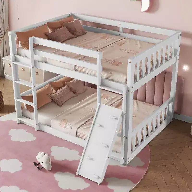 Twin Over Twin Floor Bunk Bed Playhouse Floor Bunk Bed with Climbing Ramp Ladder Safety Guardrails White