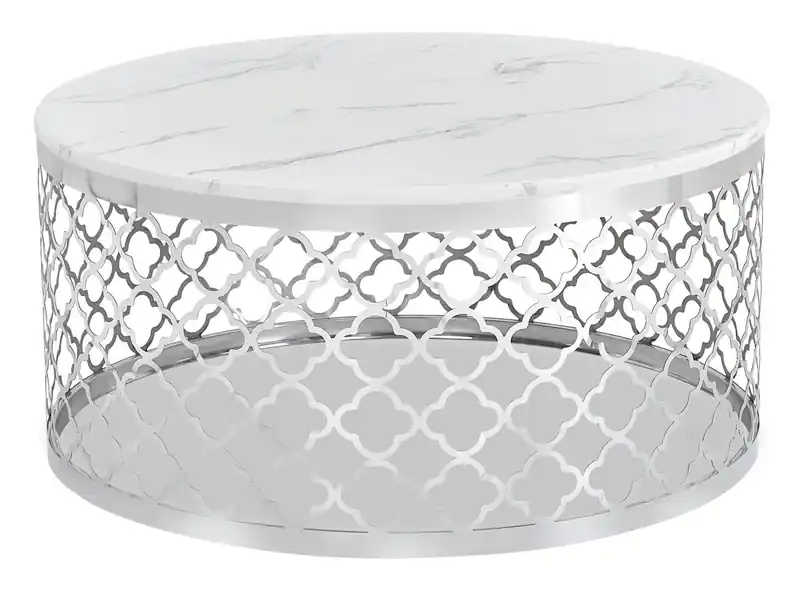 36 Glam Round Sofa Table - White Marble Top with Stainless Steel Base