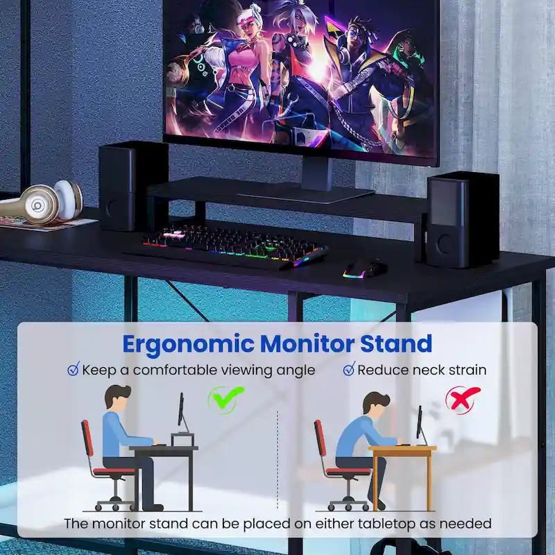 L-Shaped Gaming Desk with LED Strip & Power Outlets