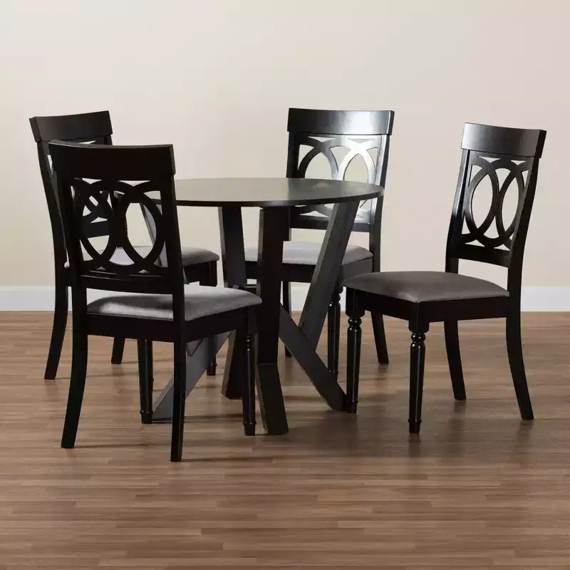5-Piece Round Dining Set 4 Upholstered Chairs Rubberwood Cut-Out Back Foam Padded Seats